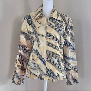 St. John Sport Vintage Feather Yellow Blue Print Zip Denim Canvas Jacket S